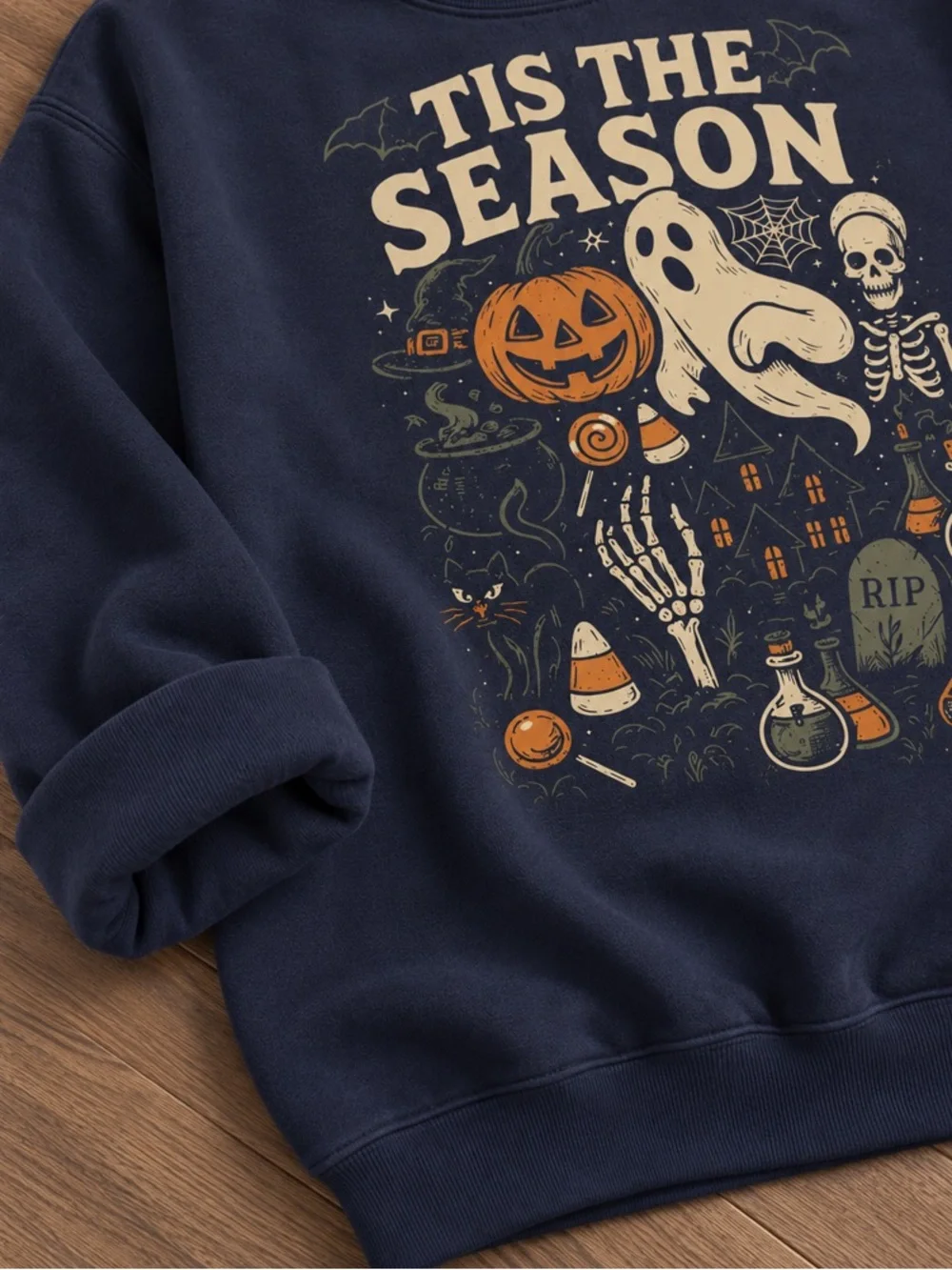 Tis The Season Ghost and Pumpkins Halloween Graphic Navy Sweatshirt